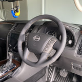 Nissan Patrol Y62 Steering Wheel Wrap – Black Leather (smooth top, perforated sides), Brown stitch