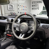 Ford Mustang S550 (2015–2023) Steering Wheel Wrap – Black Leather (smooth top, perforated sides), Black stitch, Red Alcantara® marker
