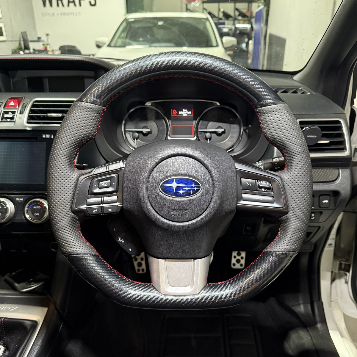 Subaru WRX / STI VA (2015–2021) Steering Wheel Wrap – Gloss Carbon top / Black Perforated Leather sides, Red stitch