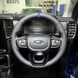 Ford Ranger / Everest Next-Gen (2022+) Steering Wheel Wrap – Black Leather (smooth top, perforated sides), Blue stitch, Blue Alcantara marker