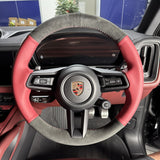Porsche Cayenne / Macan Steering Wheel Wrap – Dark Grey Alcantara, Wine red leather sides, Wine red stitch, Dark grey Alcantara marker