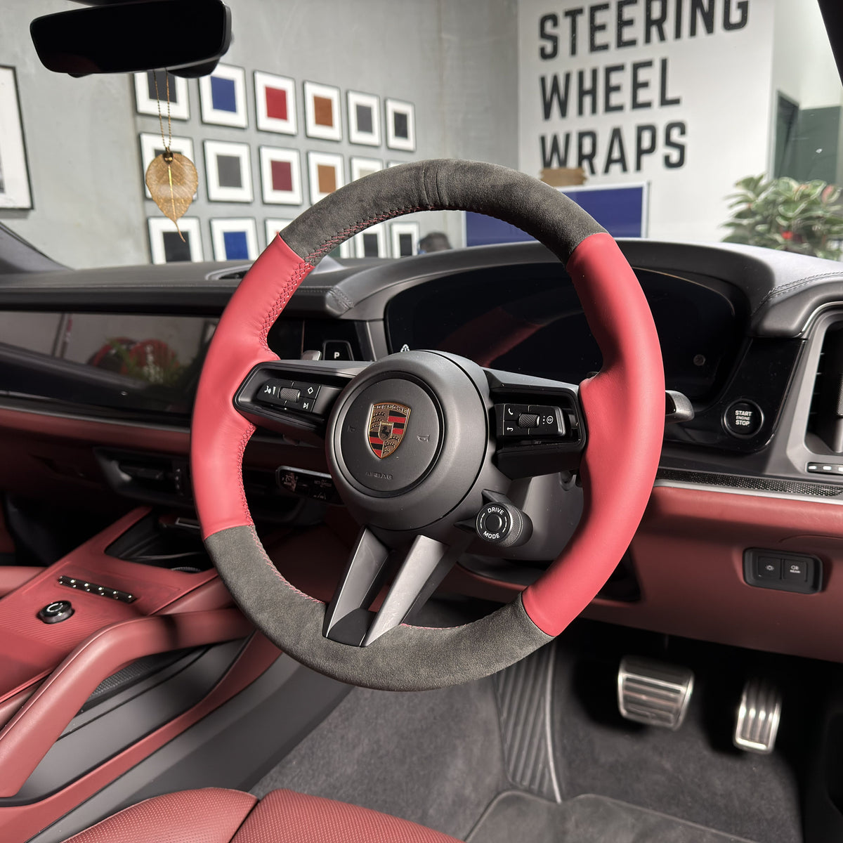 Porsche Cayenne / Macan Steering Wheel Wrap – Dark Grey Alcantara, Wine red leather sides, Wine red stitch, Dark grey Alcantara marker