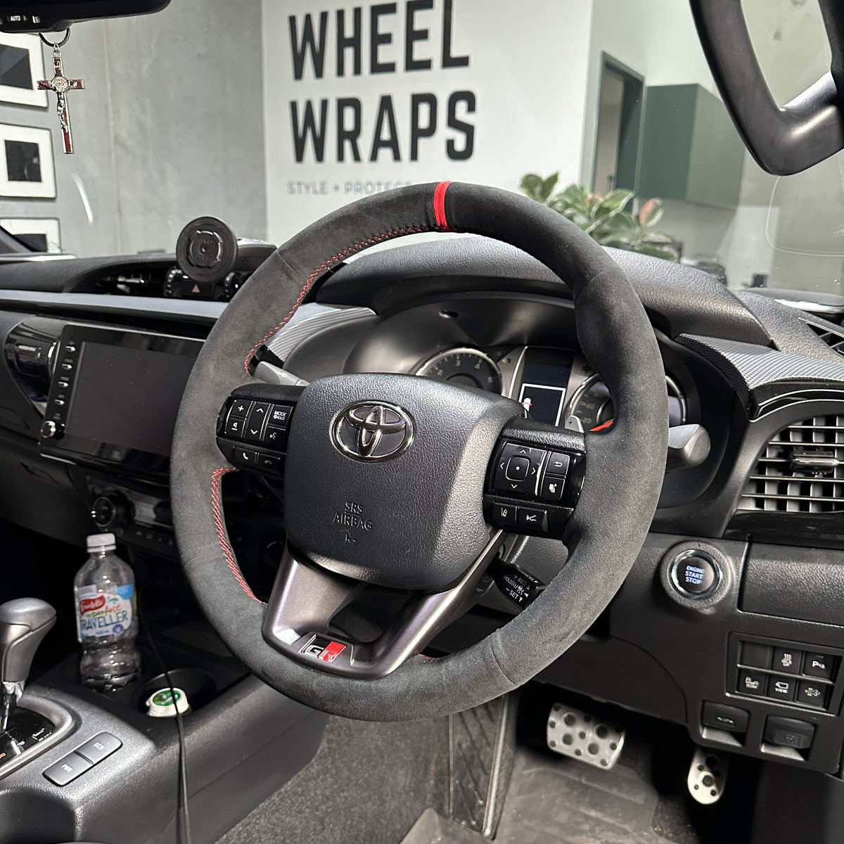 Toyota HiLux 8th Gen Steering Wheel Wrap – Black Alcantara, Red stitch, Red Alcantara Marker