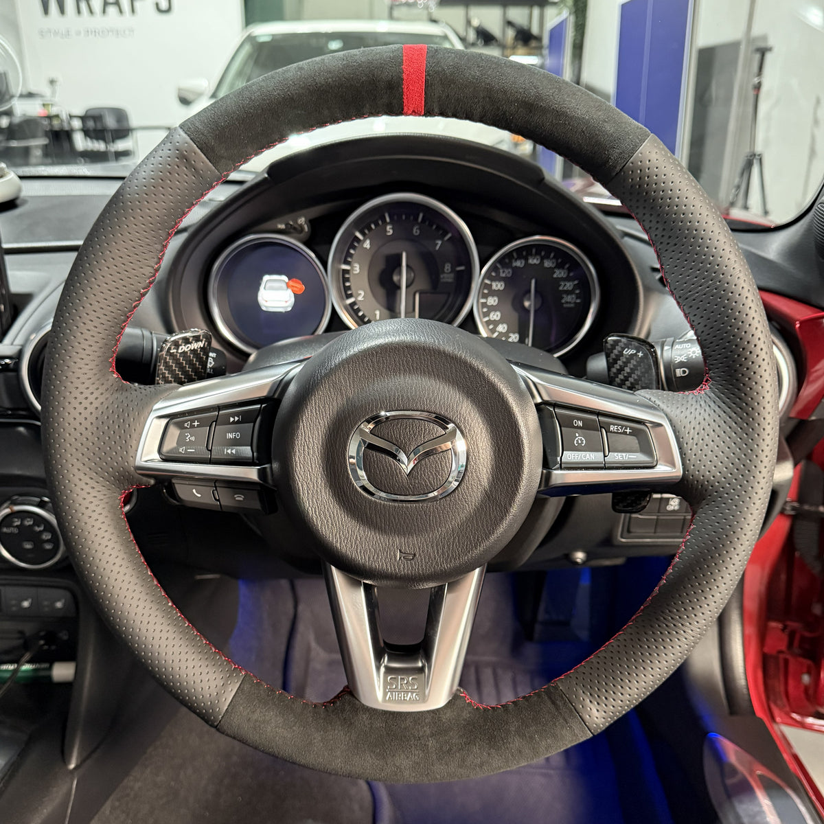 Mazda MX-5 ND (2015+) Steering Wheel Wrap – Black Alcantara, Black Perforated Leather Sides, Red Stitch, Red Alcantara Marker