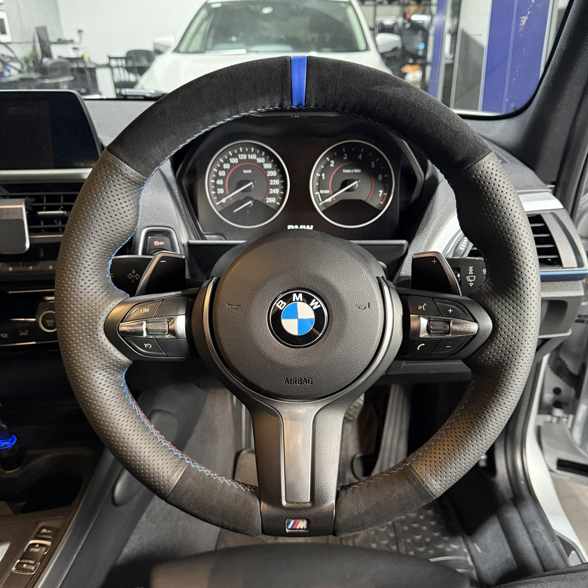 BMW F-Series (2012–2019) Steering Wheel Wrap – Black Alcantara top / Black Perforated Leather sides, BMW M stitch, Blue Leather marker