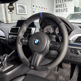 BMW F-Series (2012–2019) Steering Wheel Wrap – Black Alcantara top / Black Perforated Leather sides, BMW M stitch, Blue Leather marker