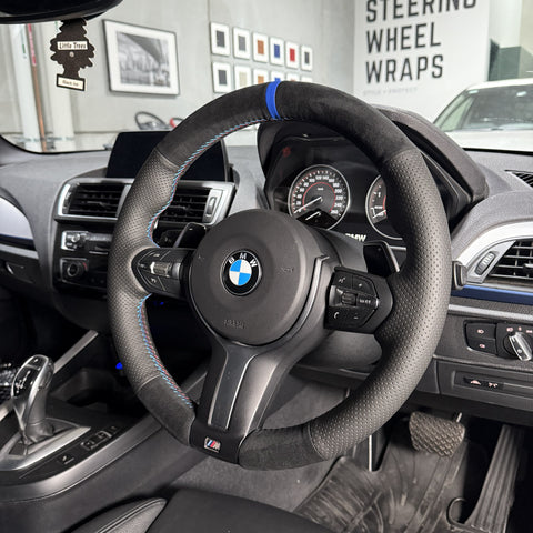 BMW F-Series (2012–2019) Steering Wheel Wrap – Black Alcantara top / Black Perforated Leather sides, BMW M stitch, Blue Leather marker