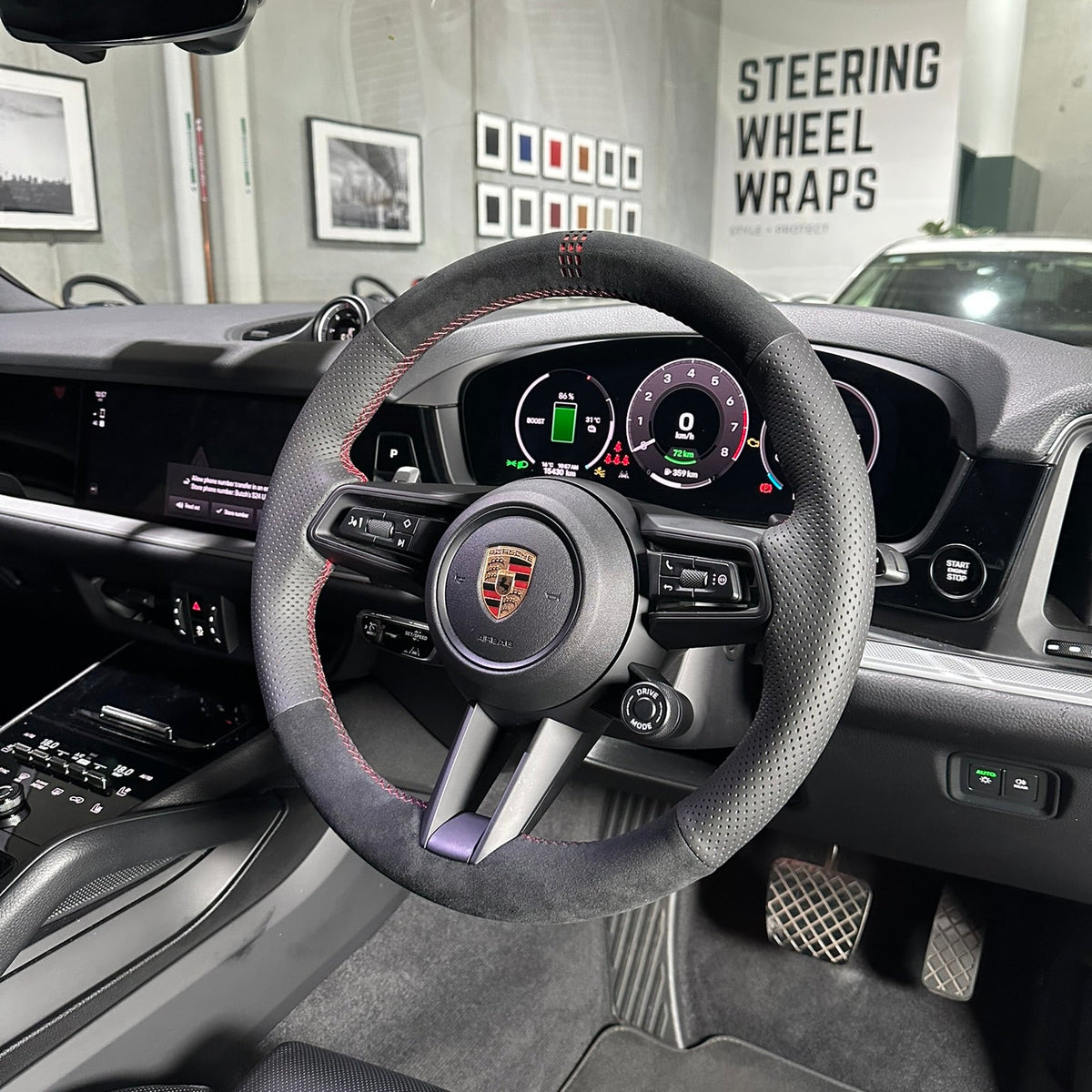 Porsche Cayenne / Macan Steering Wheel Wrap – Black Alcantara, Black perforated leather sides, Red stitch, Red holo-stripe marker