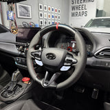 Hyundai i30 / i30 N (2017+) Steering Wheel Wrap – Carbon Carbon top / Black Perforated Leather sides, Red stitch, Red Leather marker