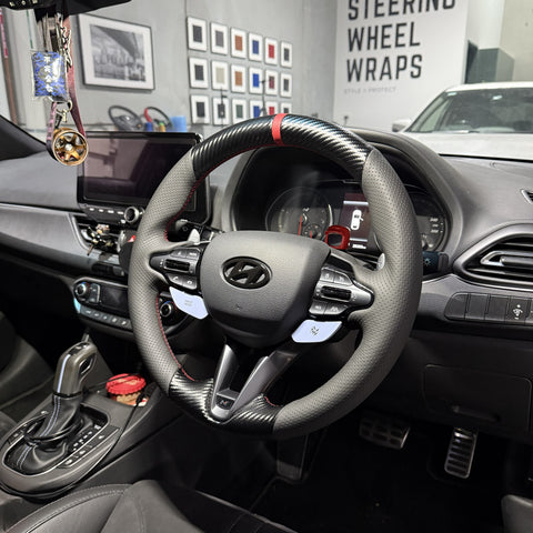 Hyundai i30 / i30 N (2017+) Steering Wheel Wrap – Carbon Carbon top / Black Perforated Leather sides, Red stitch, Red Leather marker