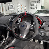 Subaru WRX / STI VA (2015–2021) Steering Wheel Wrap – Gloss Carbon top / Black Alcantara sides, Red stitch, Red Alcantara marker