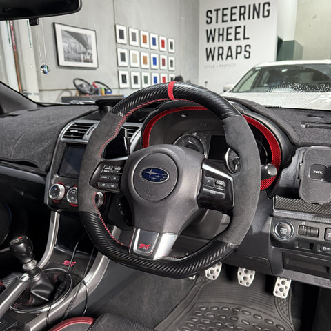 Subaru WRX / STI VA (2015–2021) Steering Wheel Wrap – Gloss Carbon top / Black Alcantara sides, Red stitch, Red Alcantara marker