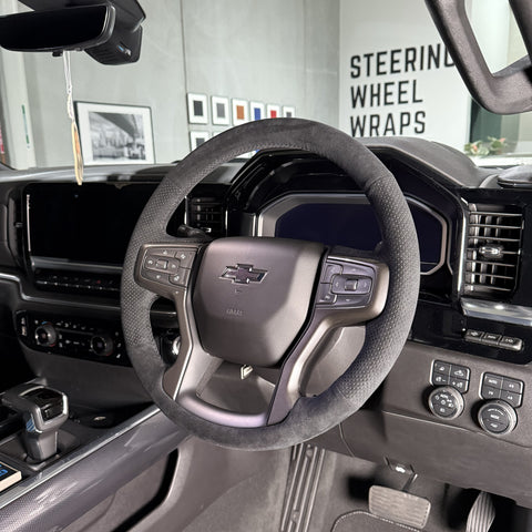 RAM / Silverado Steering Wheel Wrap – Black Alcantara, Perforated Sides, Black Stitch