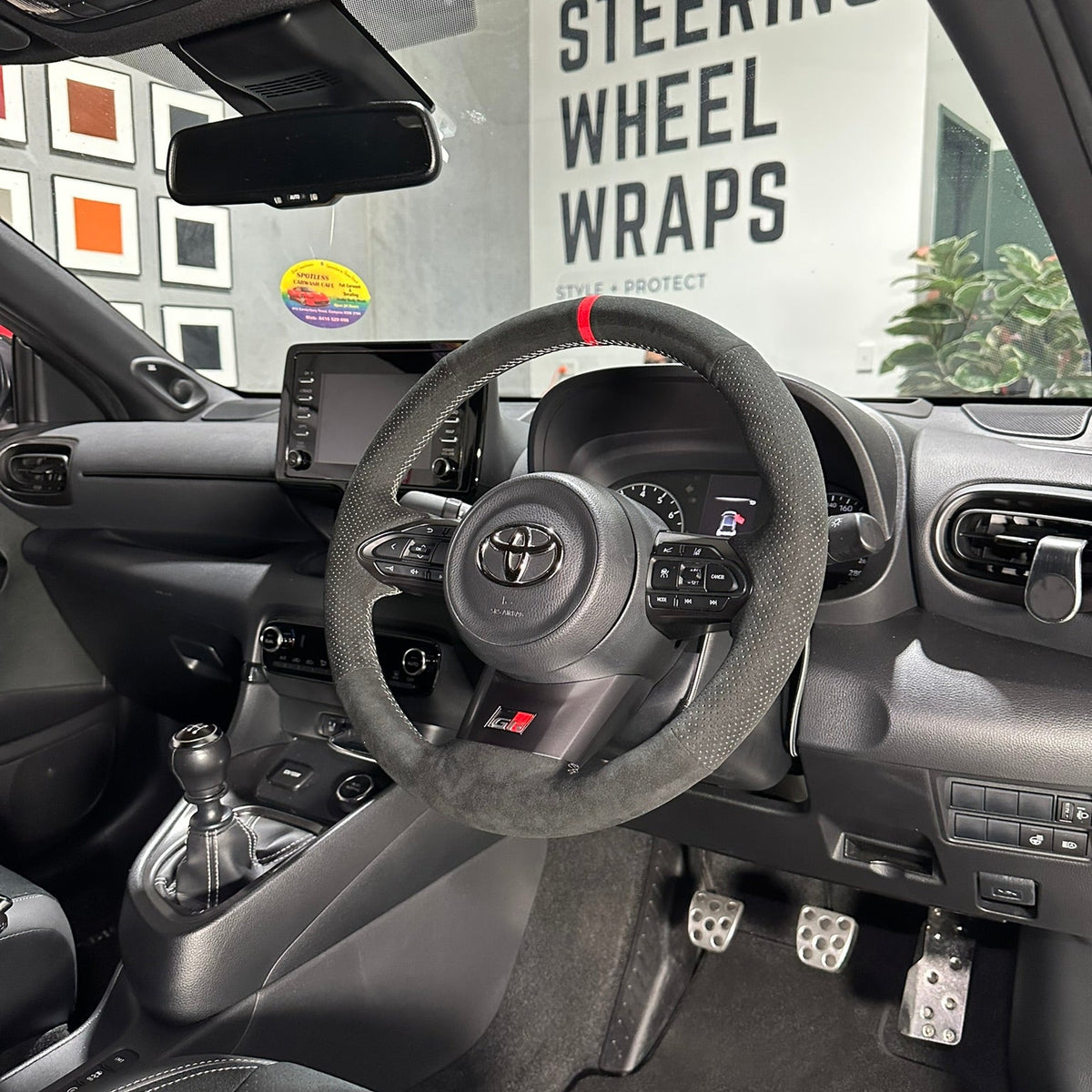 Toyota GR Yaris (2020-2025) Steering Wheel Wrap – Black Alcantara top / Black Alcantara Perforated sides, Wine Red stitch, Red Leather marker, Paddles