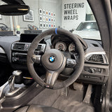 BMW F-Series (2012–2019) Steering Wheel Wrap – Dark Grey Alcantara, BMW M Stitch, Blue Alcantara marker