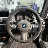 BMW F-Series (2012–2019) Steering Wheel Wrap – Dark Grey Alcantara, BMW M Stitch, Blue Alcantara marker