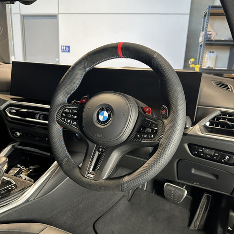 BMW G-Series (2019-2024) Steering Wheel Wrap – Black Alcantara top / Black Perforated Leather sides, BMW M stitch, Red Alcantara® marker