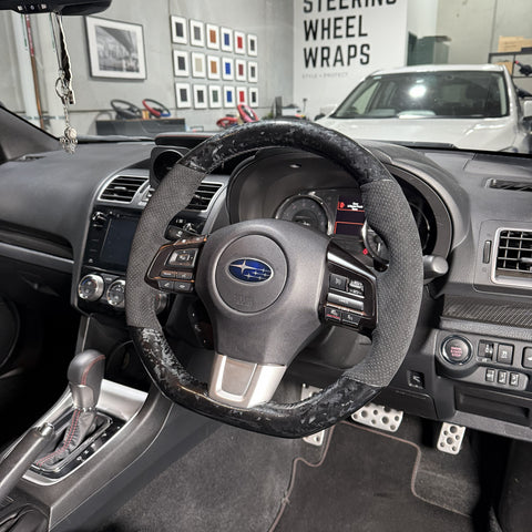 Subaru WRX / STI VA (2015–2021) Steering Wheel Wrap – Forged Carbon top / Black Alcantara Perforated sides, Black stitch