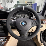 BMW E-Series (pre-2012) Steering Wheel Wrap – Black Alcantara, Black stitch, White leather marker
