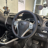 Nissan Navara NP300 (2015-2020) Steering Wheel Wrap – Black Leather (smooth top, perforated sides), Red stitch, Black Leather Marker