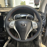 Nissan Navara NP300 (2015-2020) Steering Wheel Wrap – Black Leather (smooth top, perforated sides), Red stitch, Black Leather Marker