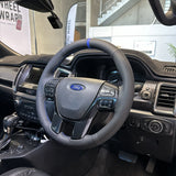 Ford Ranger PX2/PX3 / Everest (2015–2022) Steering Wheel Wrap – Black Leather (smooth top, perforated sides), Blue Stitch, Blue Marker