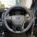 Ford Ranger PX2/PX3 / Everest (2015–2022) Steering Wheel Wrap – Black Leather (smooth top, perforated sides), Blue Stitch, Blue Marker