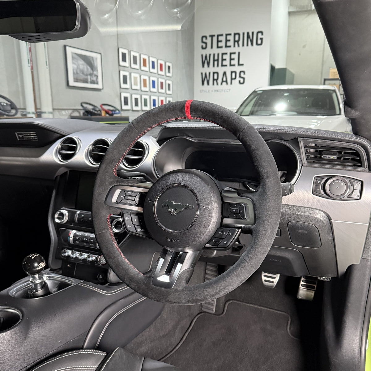 Ford Mustang S550 (2015–2023) Steering Wheel Wrap – Black Alcantara, Red stitch, Red Alcantara® marker