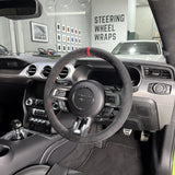 Ford Mustang S550 (2015–2023) Steering Wheel Wrap – Black Alcantara, Red stitch, Red Alcantara® marker