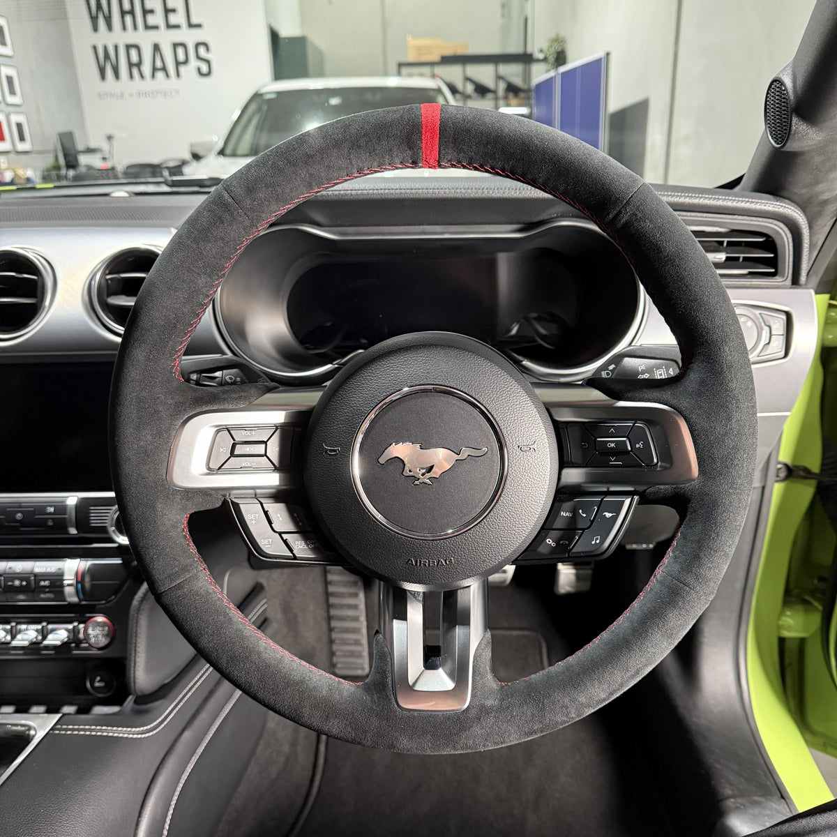 Ford Mustang S550 (2015–2023) Steering Wheel Wrap – Black Alcantara, Red stitch, Red Alcantara® marker