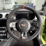 Ford Mustang S550 (2015–2023) Steering Wheel Wrap – Black Alcantara, Red stitch, Red Alcantara® marker