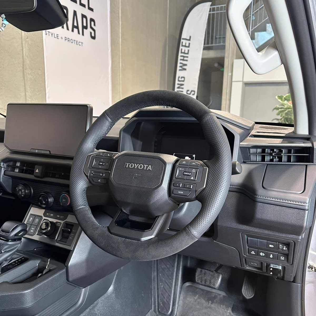 Toyota HiLux 9th Gen Steering Wheel Wrap – Black Alcantara, Black Perforated Leather Sides, Black stitch
