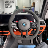 BMW M2 / M3 / M4 (G8x) (2025+) Steering Wheel Wrap – Dark Grey Alcantara, BMW M stitch, Red Leather marker