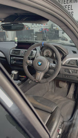 BMW F-Series (2012–2019) Steering Wheel Wrap – Dark Grey Alcantara, BMW M Stitch, Blue Alcantara marker