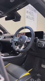Mercedes-AMGs (2015–2021) Steering Wheel Wrap – Black Leather (smooth top, smooth sides), Yellow stitch, Yellow Leather marker