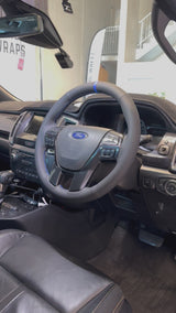 Ford Ranger PX2/PX3 / Everest (2015–2022) Steering Wheel Wrap – Black Leather (smooth top, perforated sides), Blue Stitch, Blue Marker