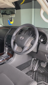 Nissan Patrol Y62 Steering Wheel Wrap – Black Leather (smooth top, perforated sides), Brown stitch
