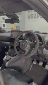 Toyota GR Yaris (2020-2025) Steering Wheel Wrap – Black Alcantara top / Black Alcantara Perforated sides, Wine Red stitch, Red Leather marker, Paddles