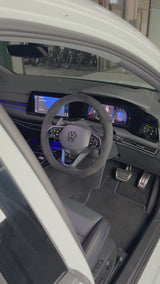 Volkswagen Golf (2022+) Steering Wheel Wrap – Dark grey Alcantara (smooth top, perforated sides), Blue stitch