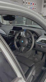 BMW F-Series (2012–2019) Steering Wheel Wrap – Black Alcantara top / Black Perforated Leather sides, BMW M stitch, Blue Leather marker