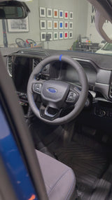 Ford Ranger / Everest Next-Gen (2022+) Steering Wheel Wrap – Black Leather (smooth top, perforated sides), Blue stitch, Blue Alcantara marker