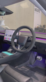 Tesla Model 3 / Y (2025+) Steering Wheel Wrap – Black Leather Top, Black Alcantara Sides, Grey Stitch