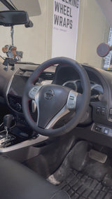 Nissan Navara NP300 (2015-2020) Steering Wheel Wrap – Black Leather (smooth top, perforated sides), Red stitch, Black Leather Marker
