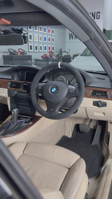 BMW E-Series (pre-2012) Steering Wheel Wrap – Black Alcantara, Black stitch, White leather marker